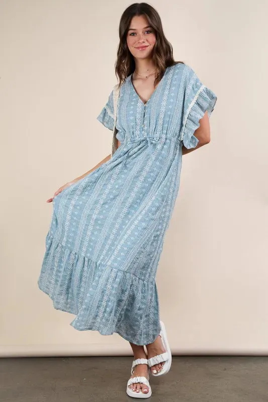 VERY J Embroidered Boho Ruffled Midi Dress