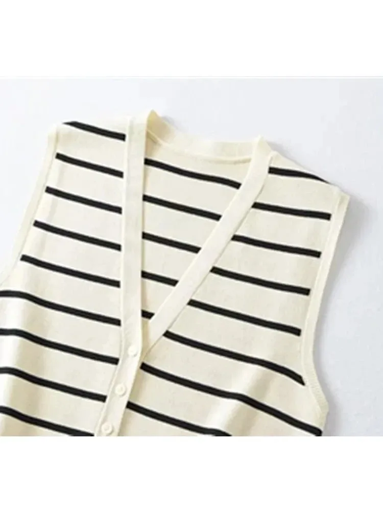 Vest Sweater Fashion V Neck Sleeveless Striped Vest Sweater