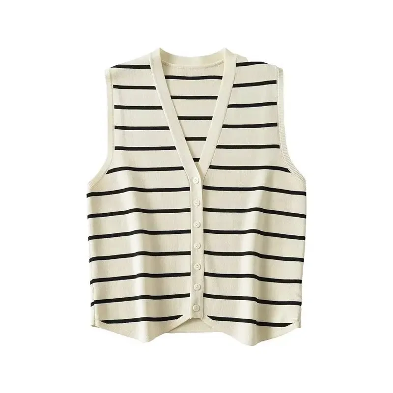 Vest Sweater Fashion V Neck Sleeveless Striped Vest Sweater