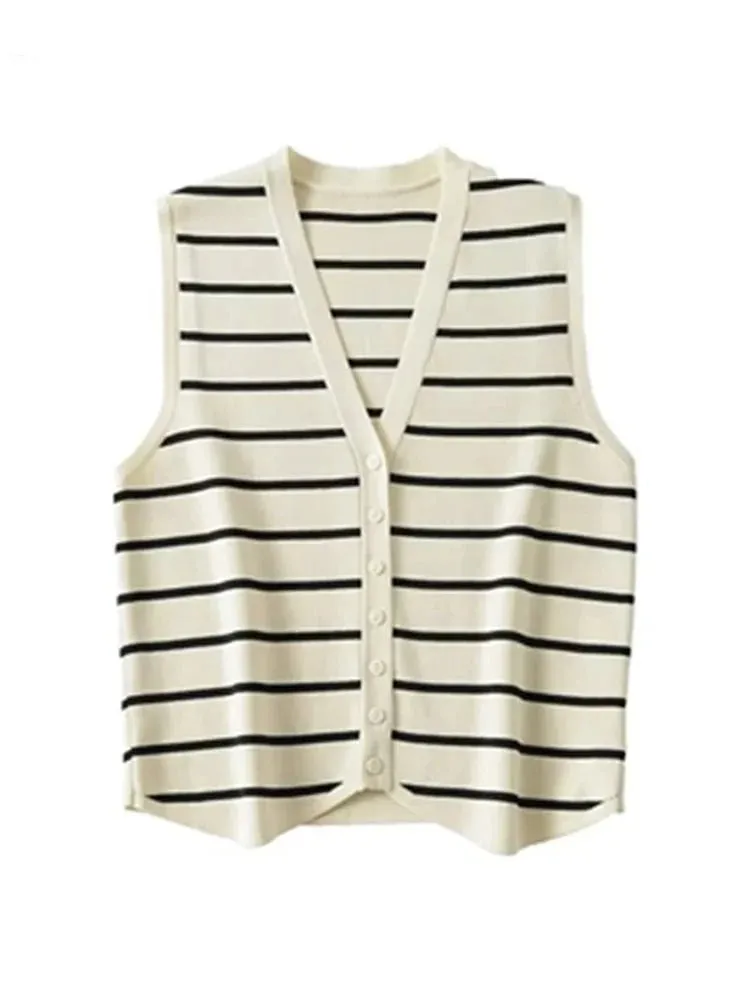 Vest Sweater Fashion V Neck Sleeveless Striped Vest Sweater