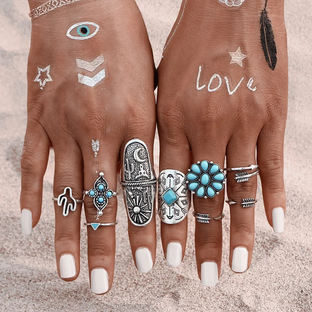 Vintage Boho Turquoise - 9 Ring Set