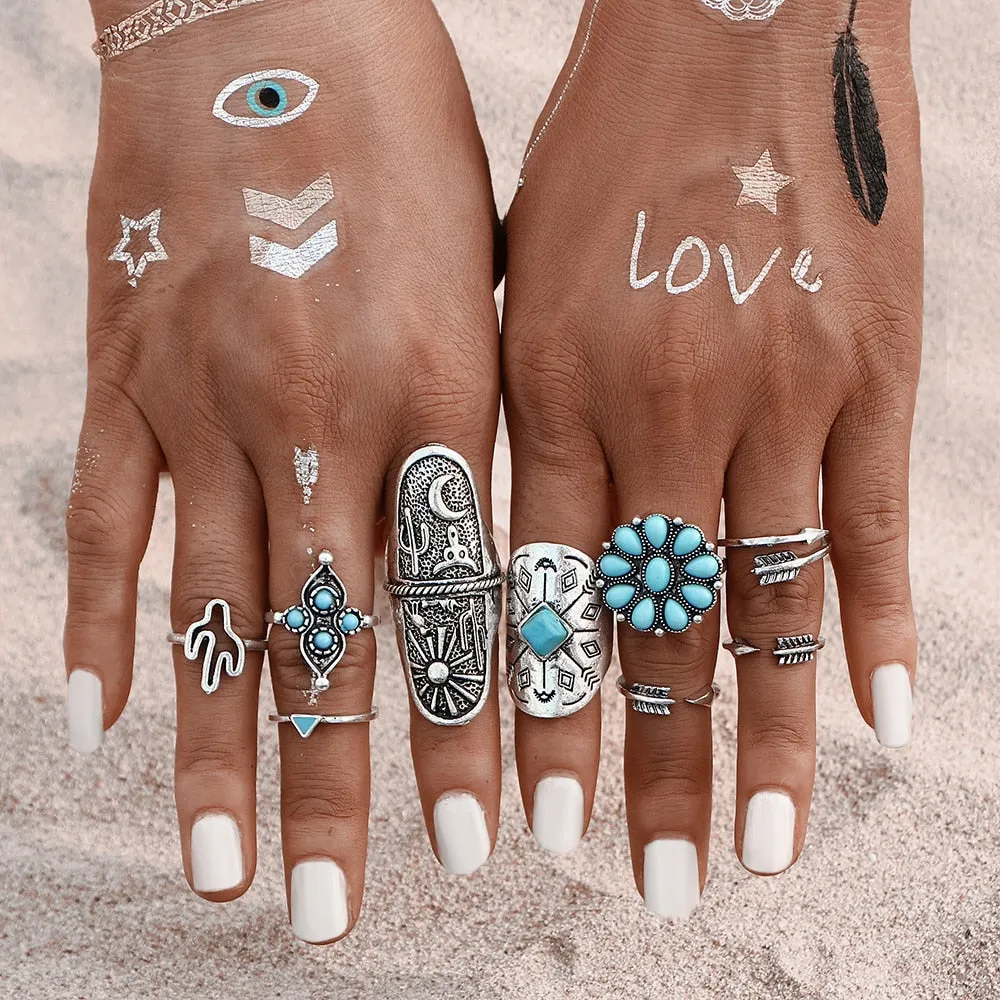 Vintage Boho Turquoise - 9 Ring Set