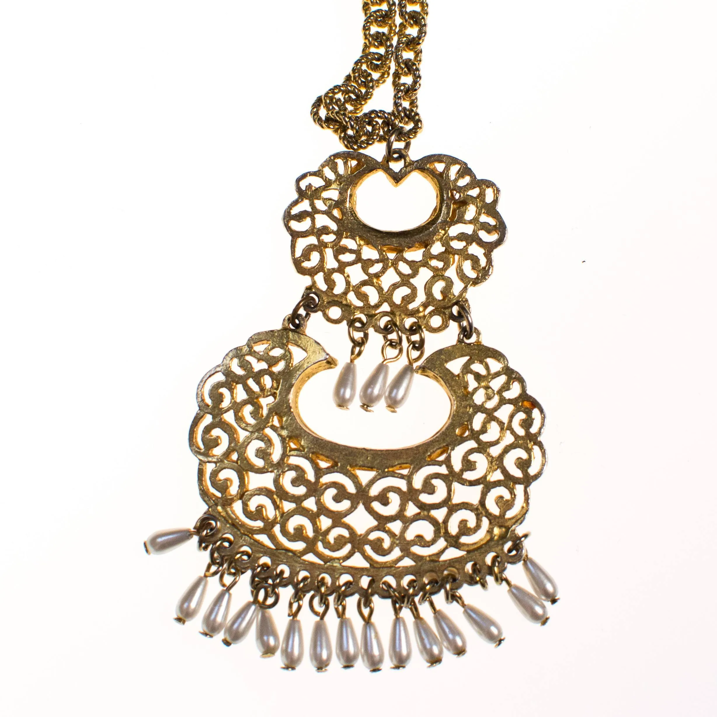 Vintage Pearl Tassel, Rhinestone Statement Necklace, Long Length, Pendant