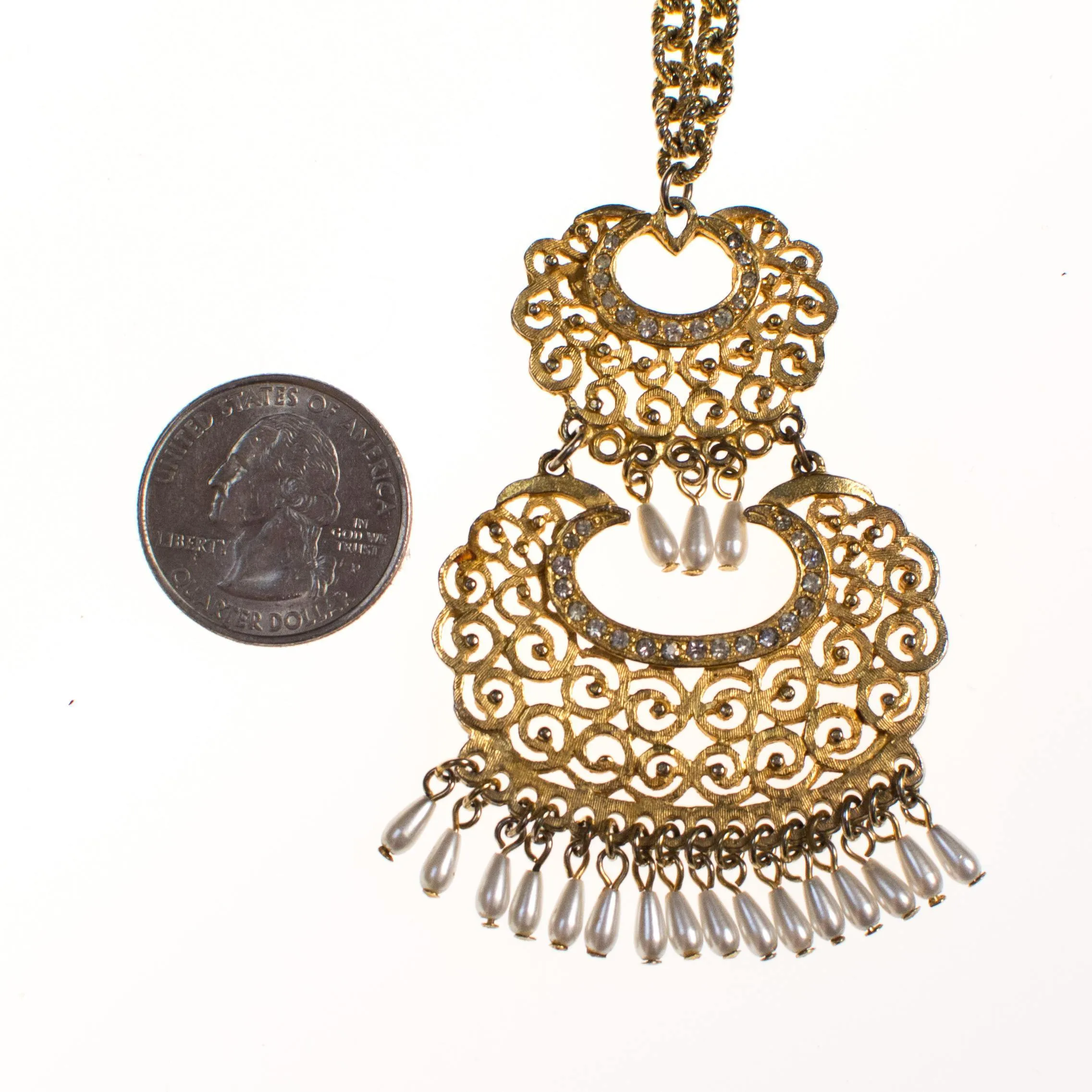 Vintage Pearl Tassel, Rhinestone Statement Necklace, Long Length, Pendant