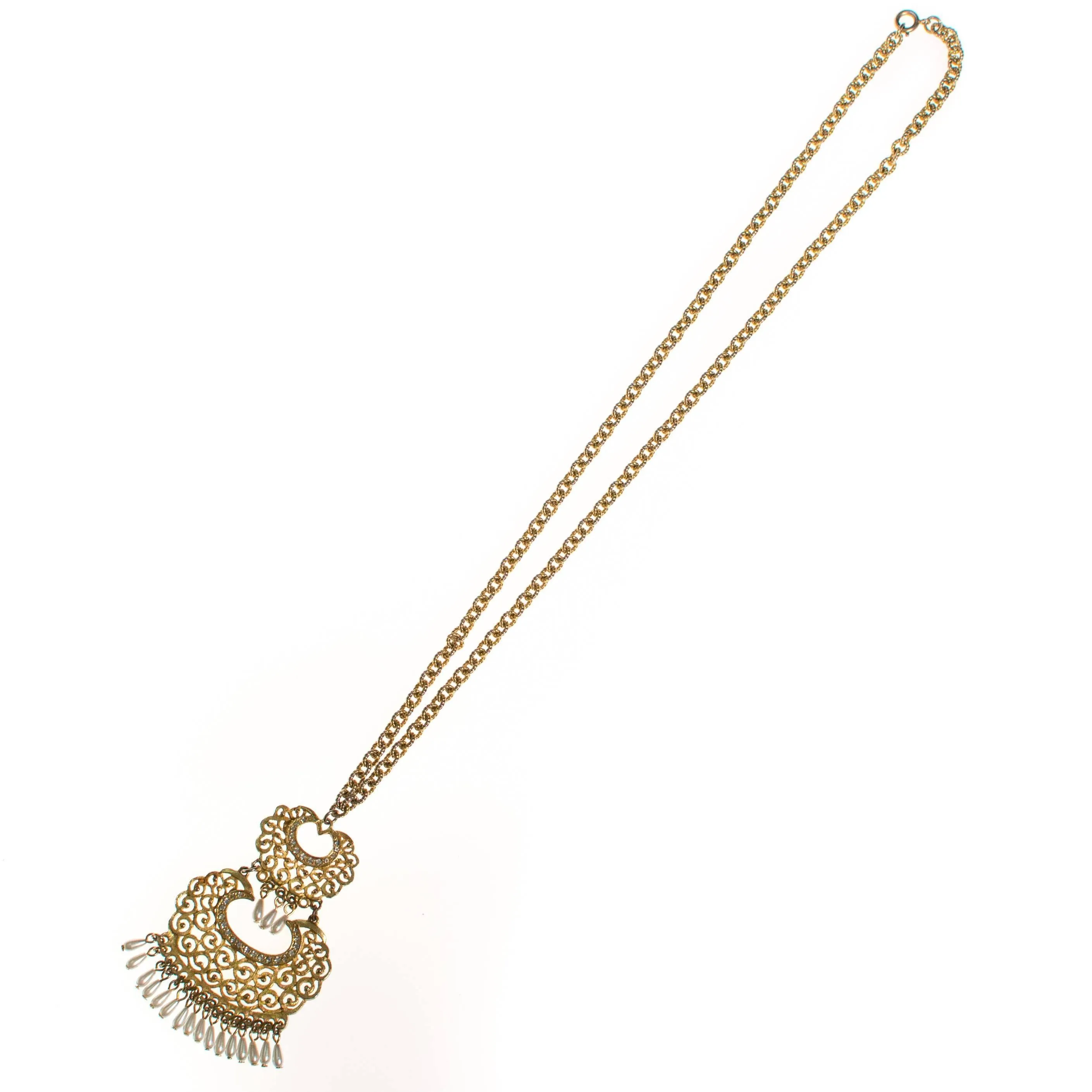 Vintage Pearl Tassel, Rhinestone Statement Necklace, Long Length, Pendant