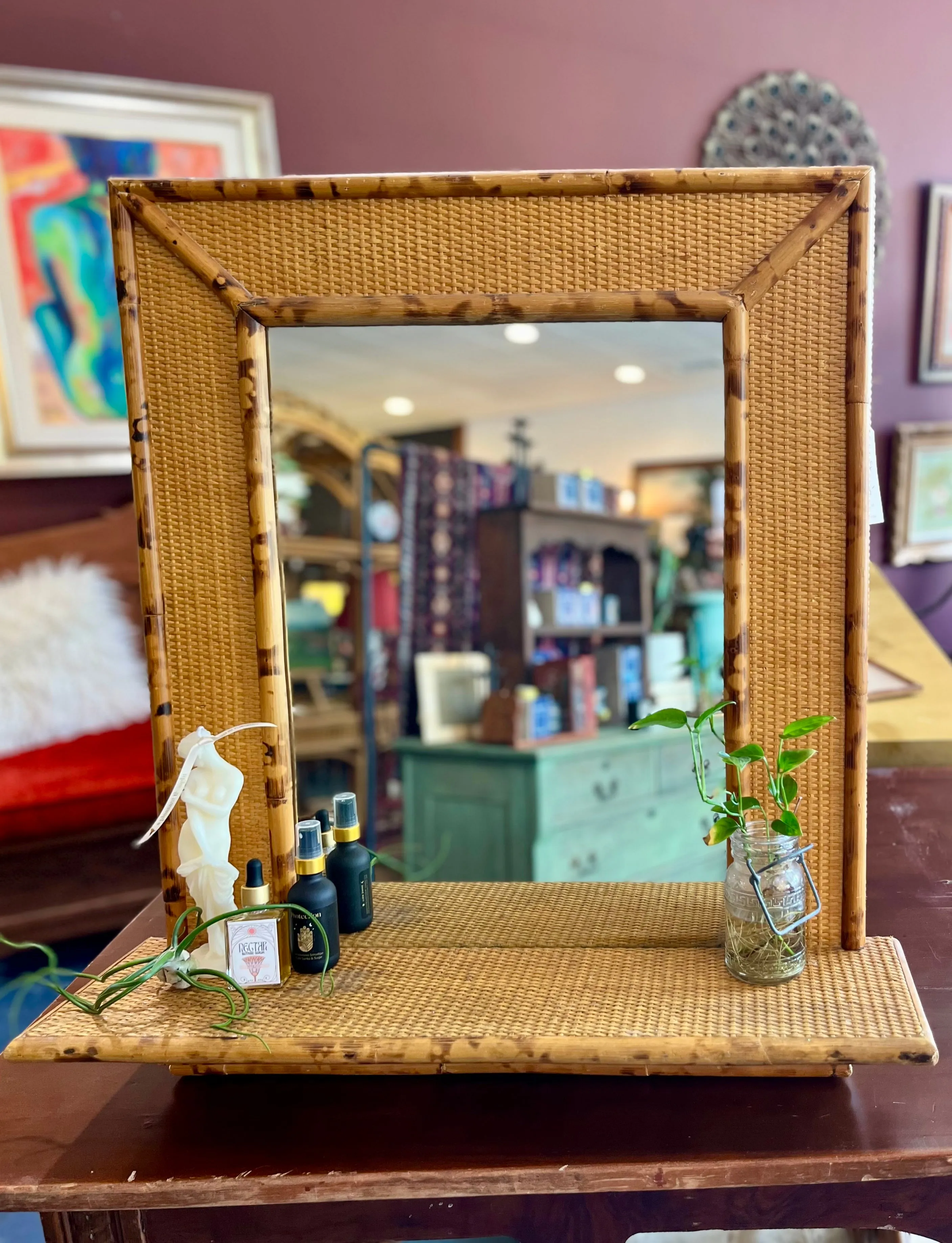 Vintage Rattan & Bamboo Mirror with Shelf