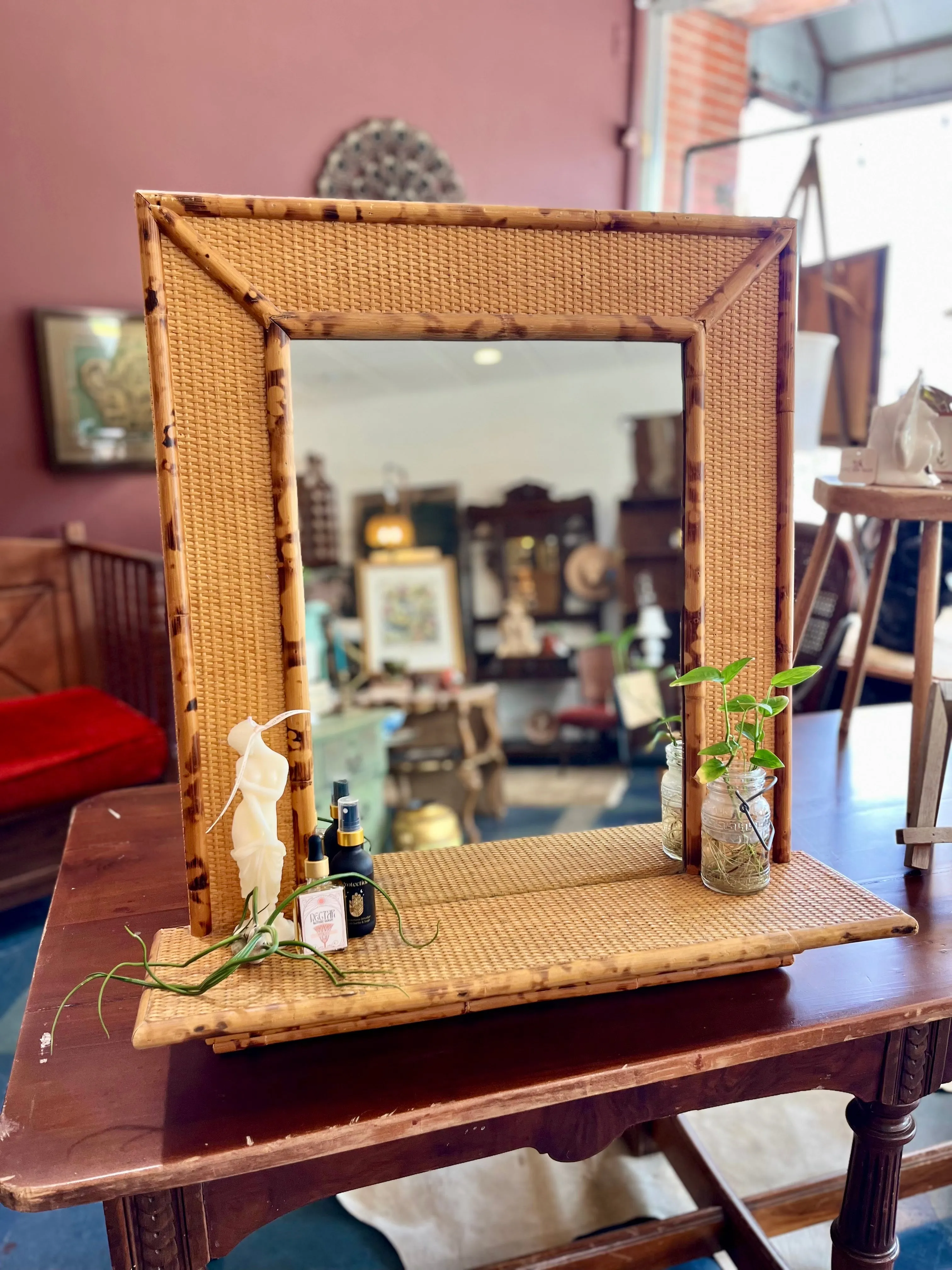 Vintage Rattan & Bamboo Mirror with Shelf