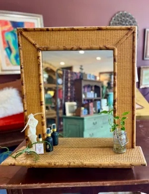 Vintage Rattan & Bamboo Mirror with Shelf