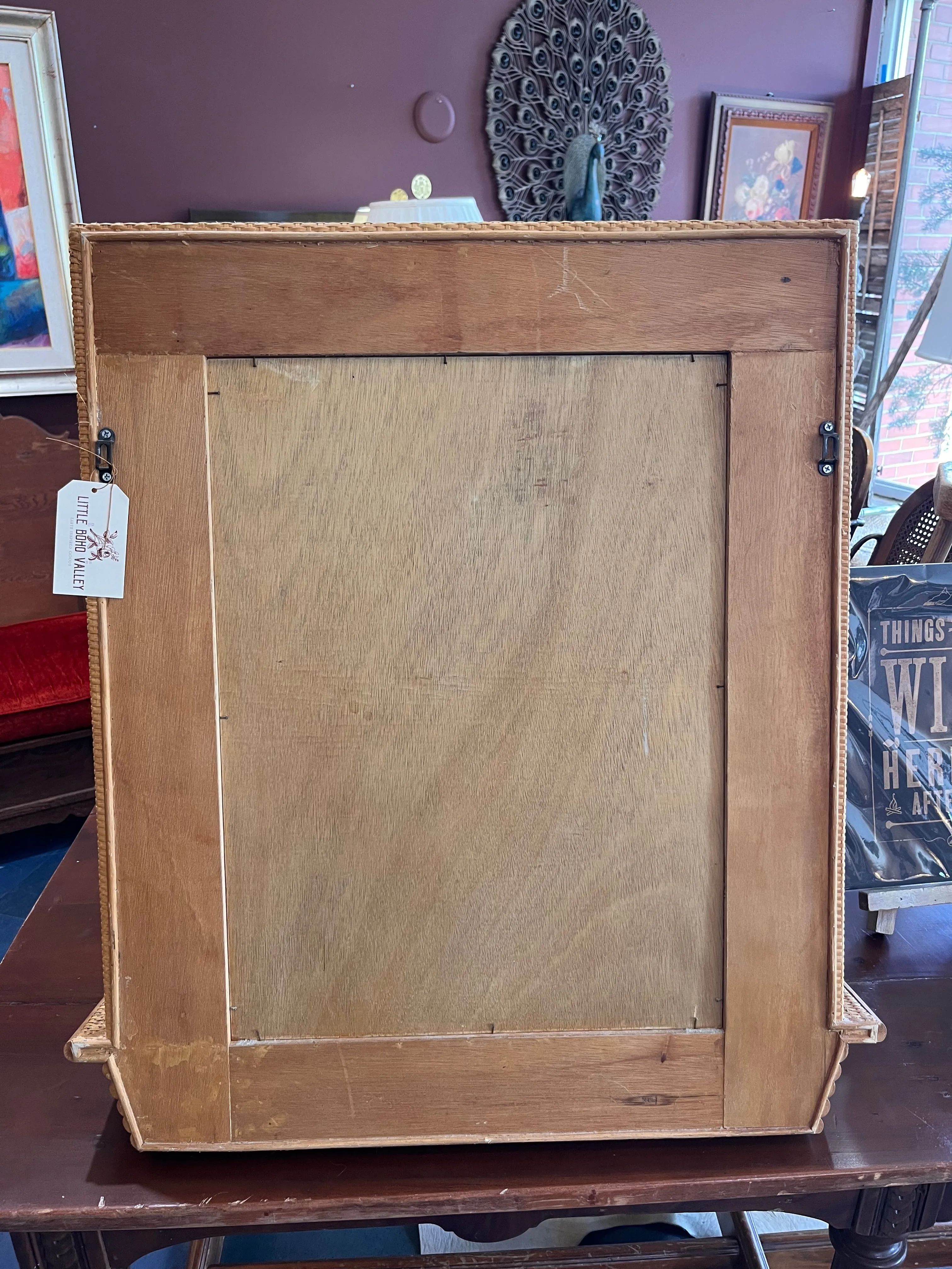 Vintage Rattan & Bamboo Mirror with Shelf