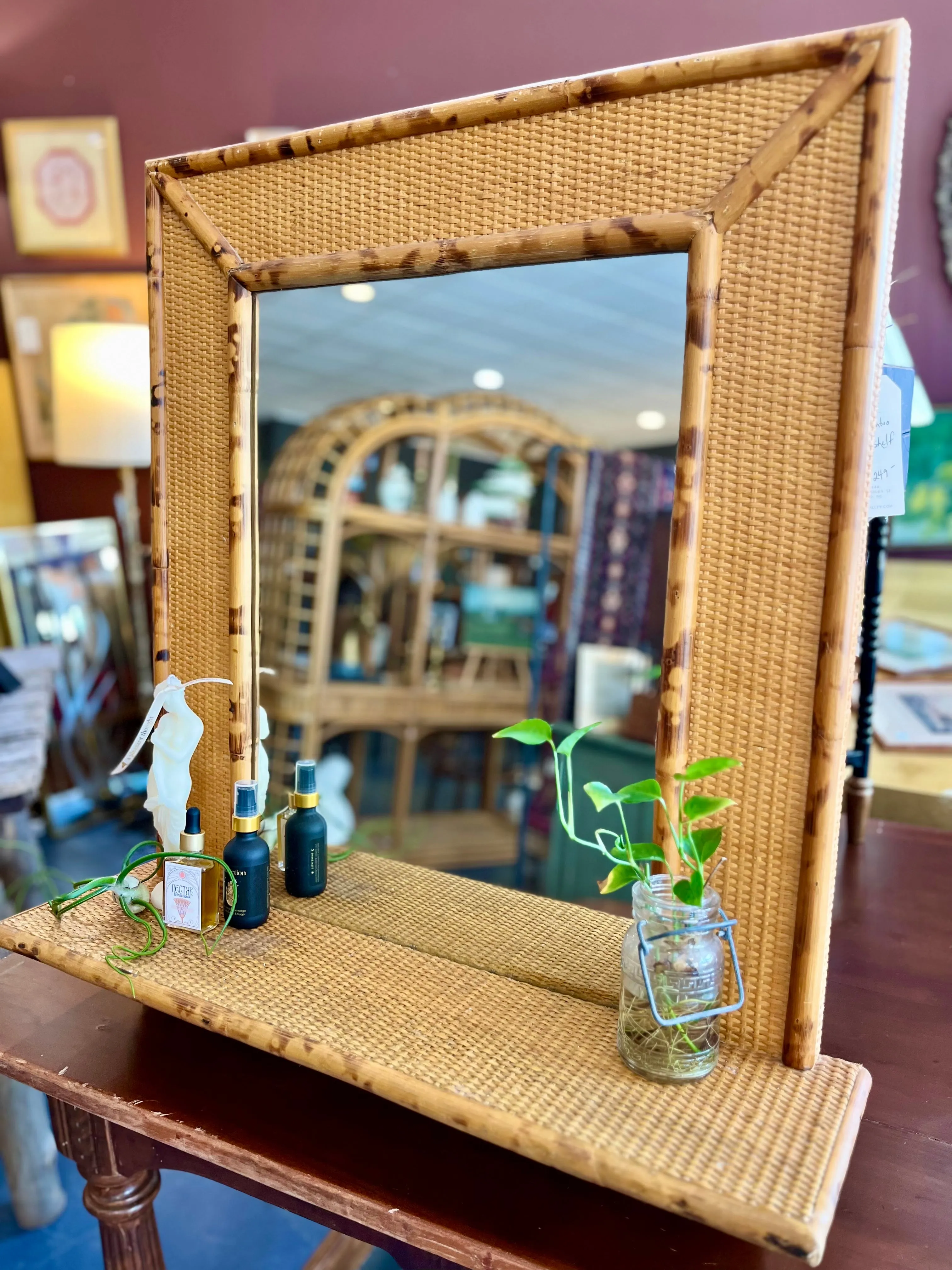 Vintage Rattan & Bamboo Mirror with Shelf