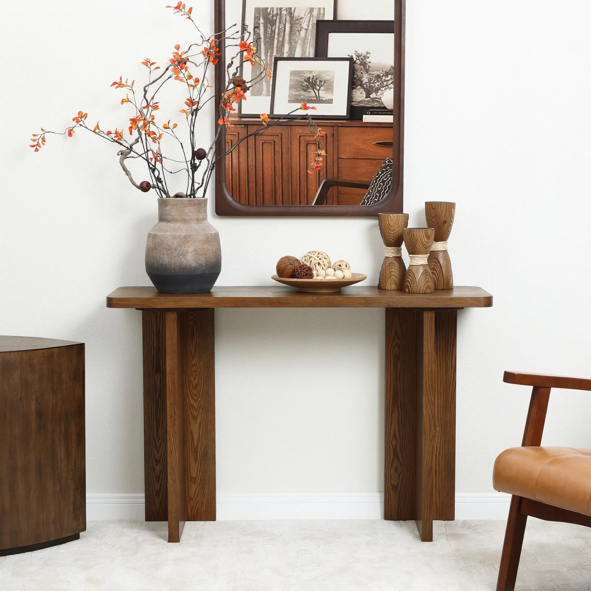 Walnut finish wide wood console table