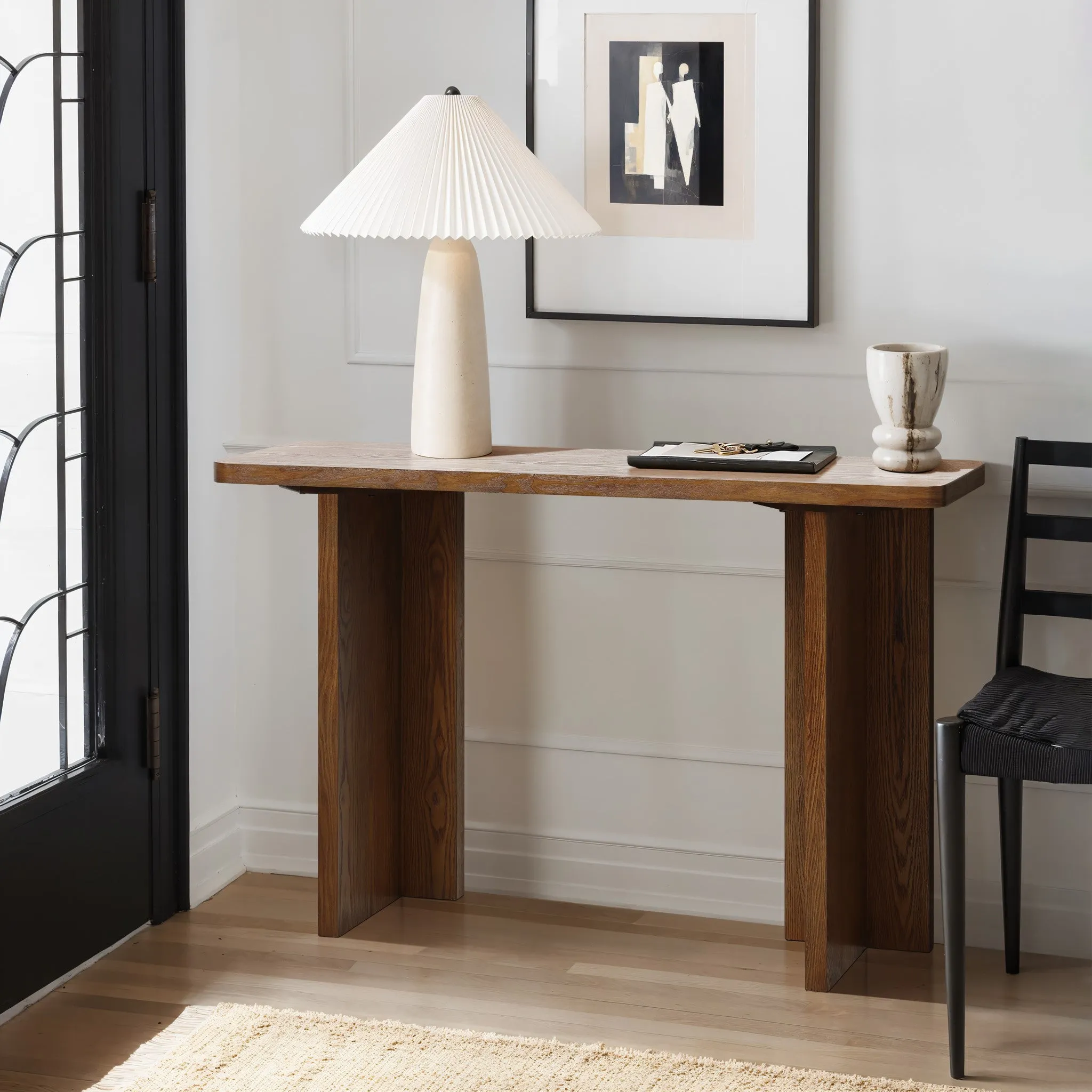 Walnut finish wide wood console table