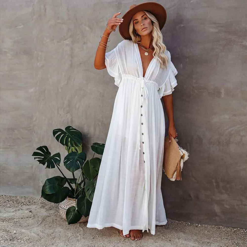 White Long Tunic Casual Summer Beach Dress Swim Suit Cover Up