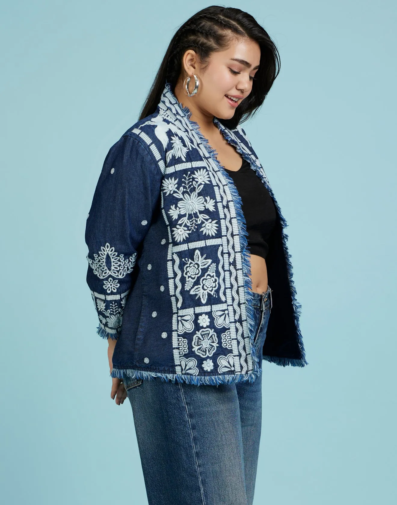 White Phoenix Thread Embroidered Denim Jacket