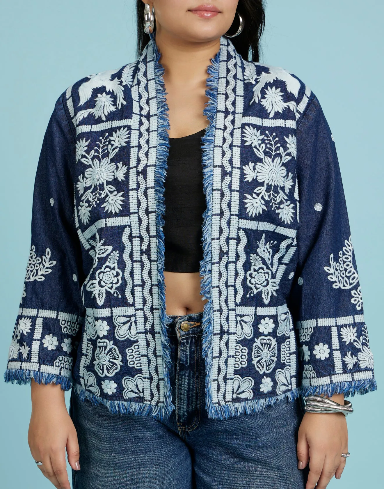 White Phoenix Thread Embroidered Denim Jacket