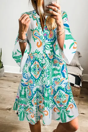White Printed Tribal Print Bracelet Sleeve Buttoned Mini Dress