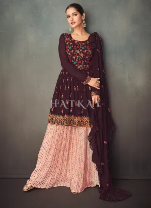 Wine And Peach Peplum Style Anarkali Lehenga