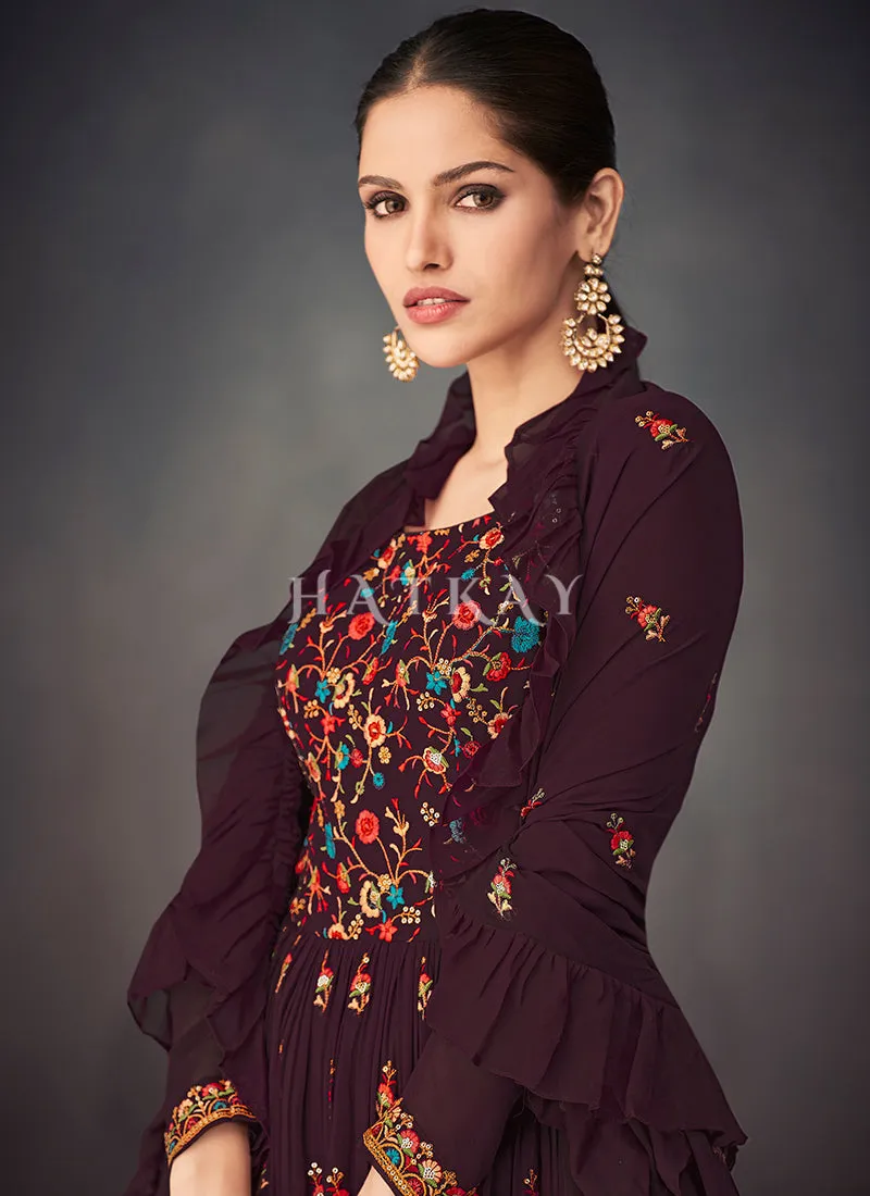 Wine And Peach Peplum Style Anarkali Lehenga