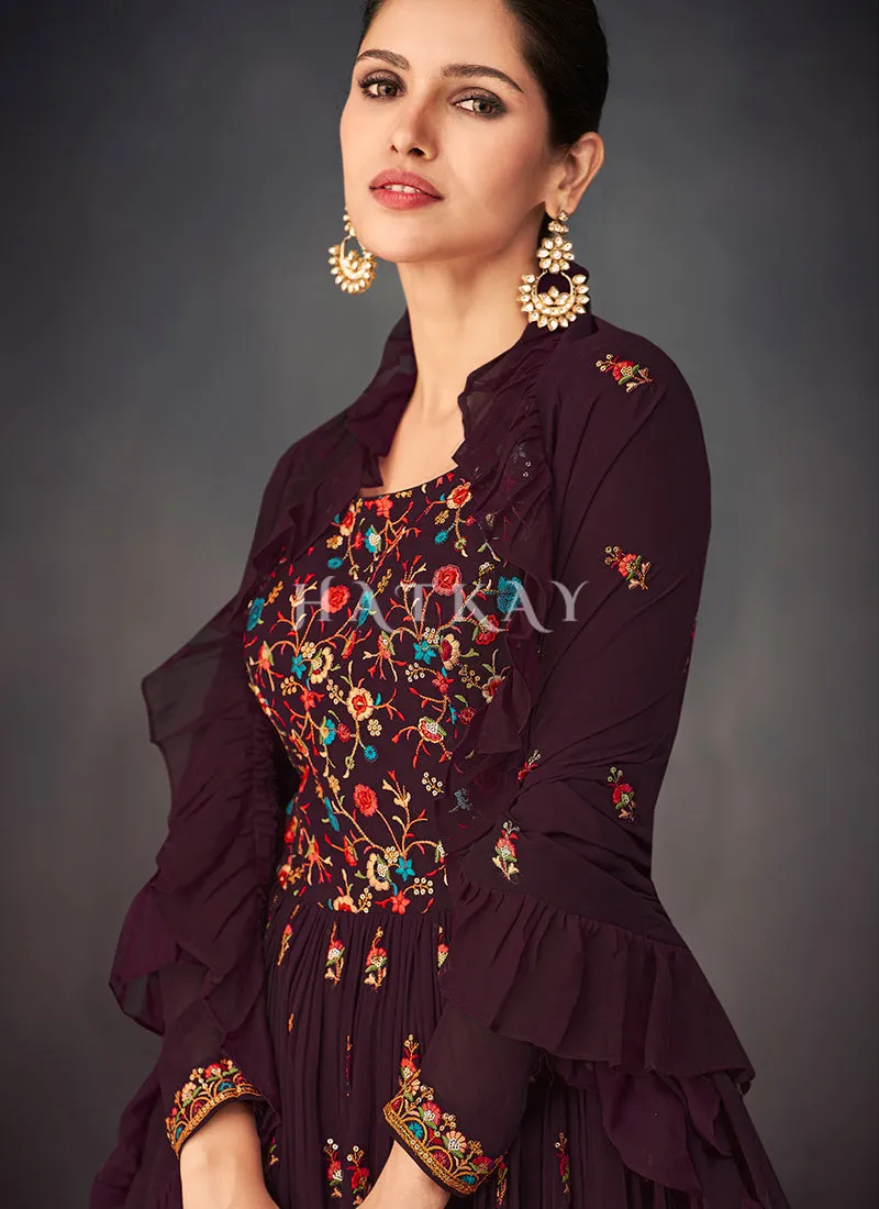 Wine And Peach Peplum Style Anarkali Lehenga