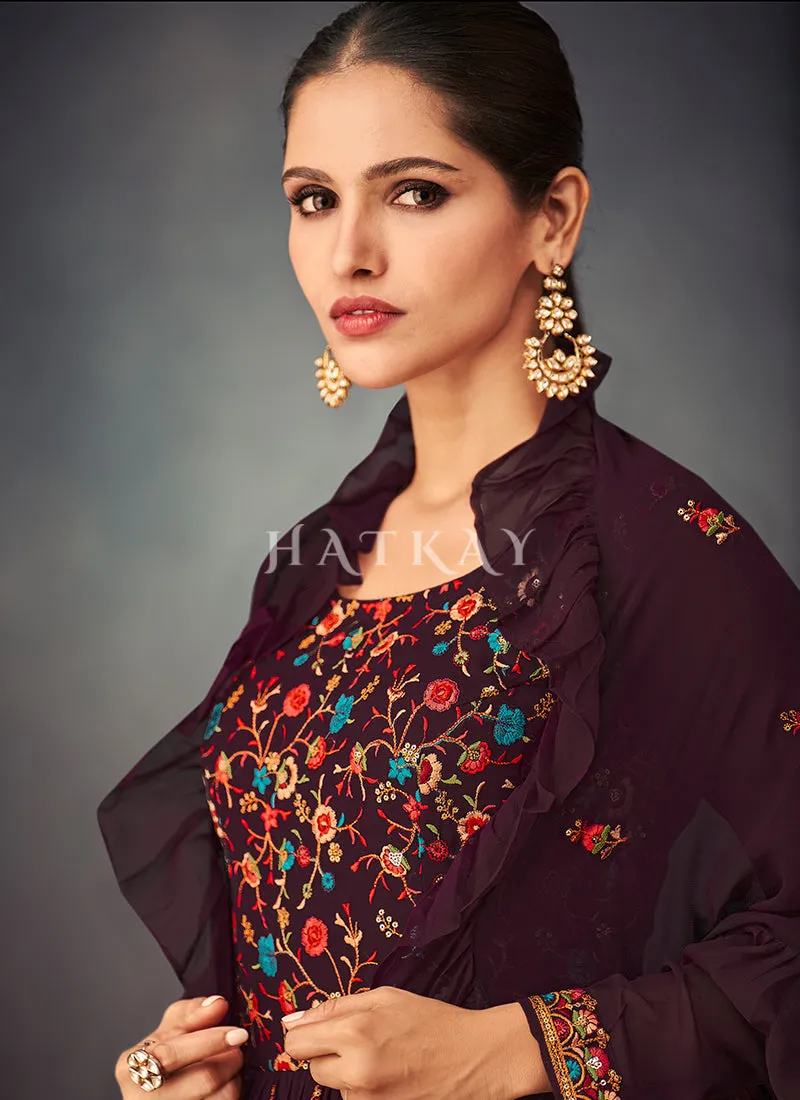 Wine And Peach Peplum Style Anarkali Lehenga