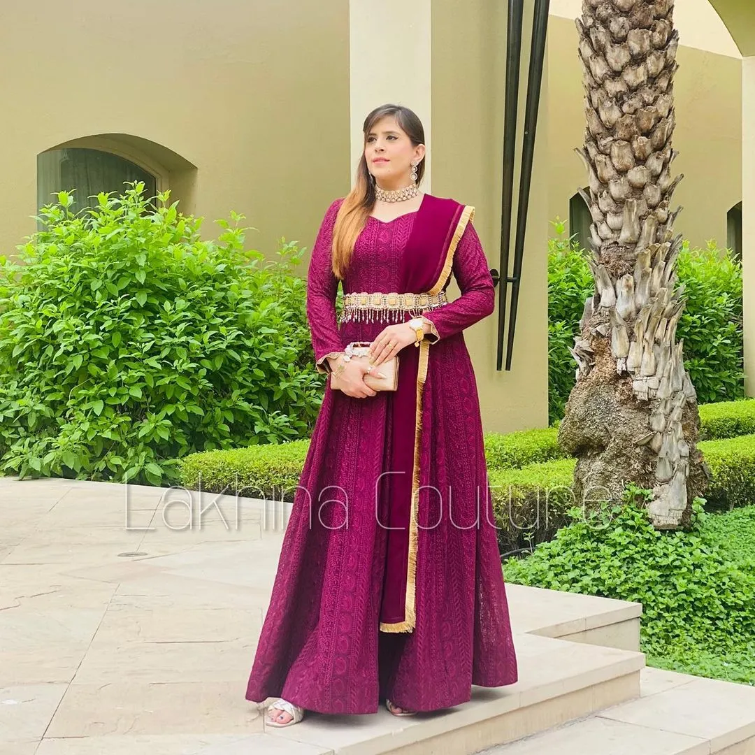 Wine Chikankari Anarkali Without Belt