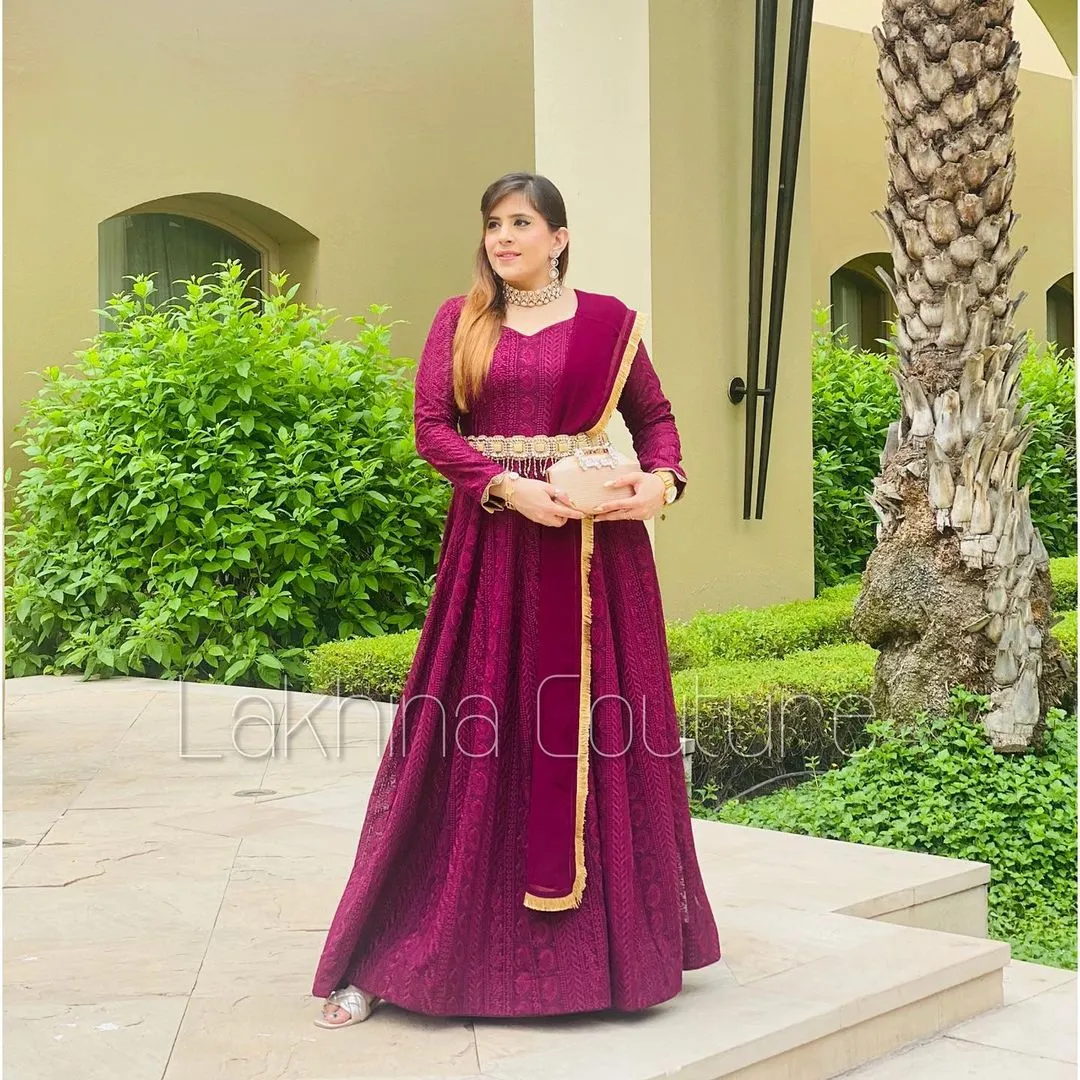 Wine Chikankari Anarkali Without Belt