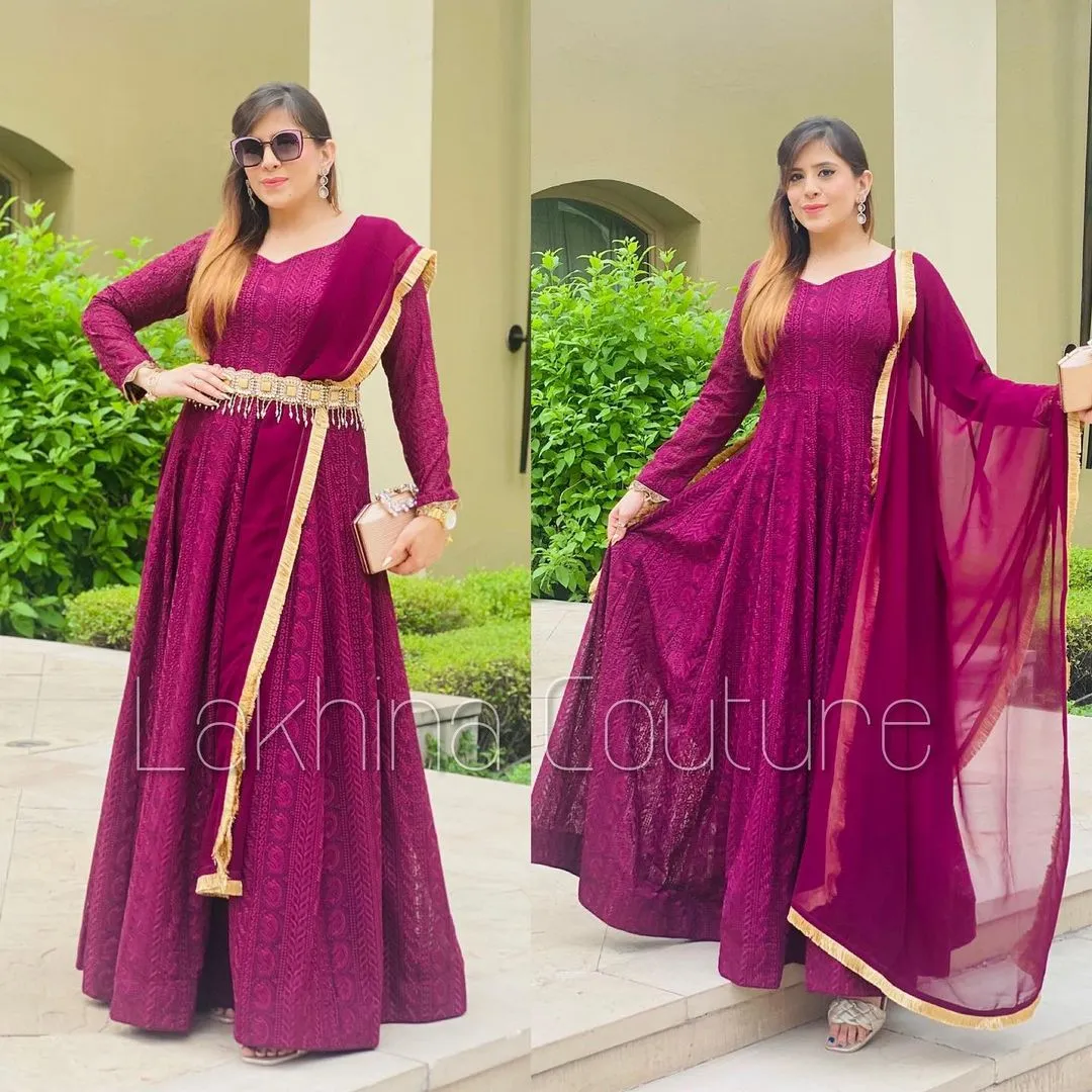 Wine Chikankari Anarkali Without Belt
