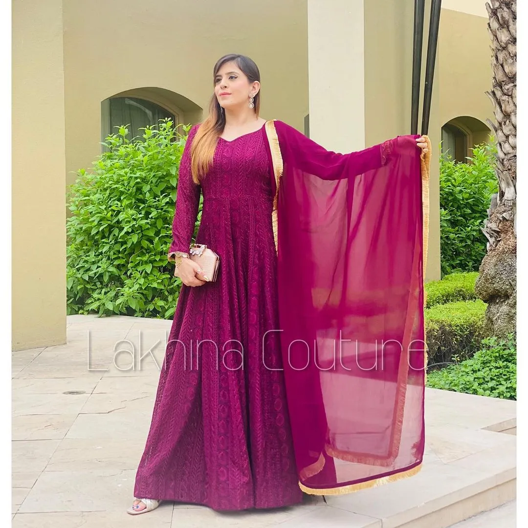 Wine Chikankari Anarkali Without Belt