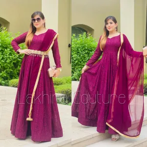 Wine Chikankari Anarkali Without Belt