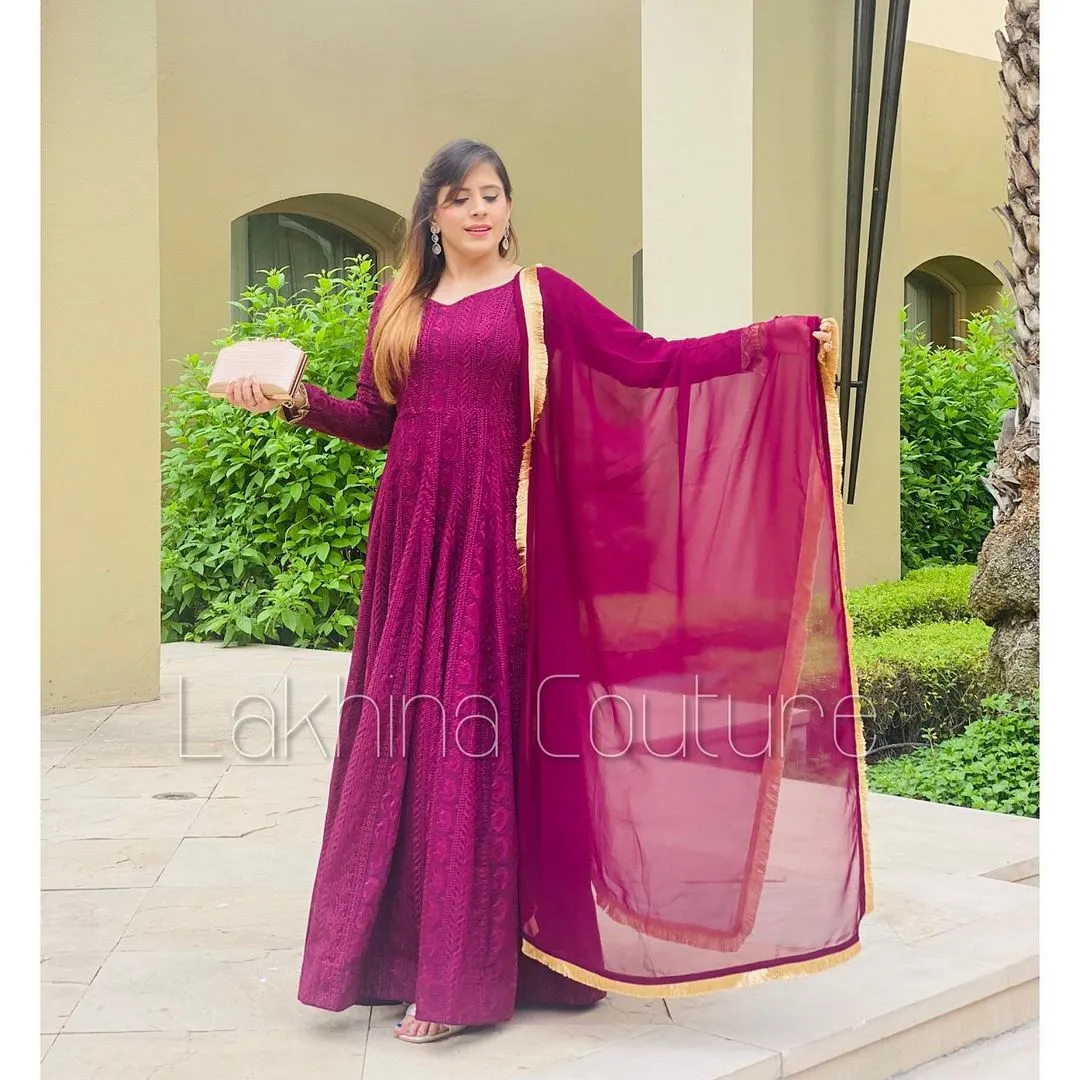 Wine Chikankari Anarkali Without Belt