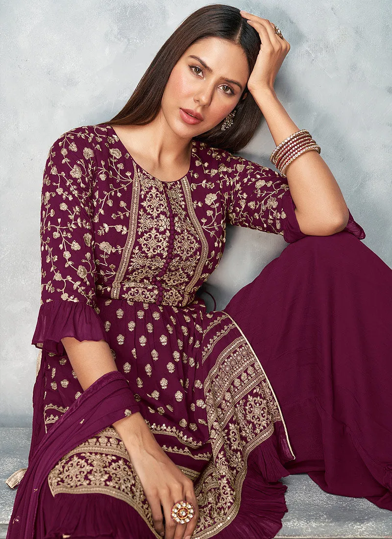 Wine Golden Embroidered Designer Palazzo Suit