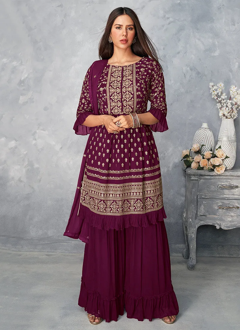 Wine Golden Embroidered Designer Palazzo Suit