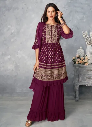 Wine Golden Embroidered Designer Palazzo Suit