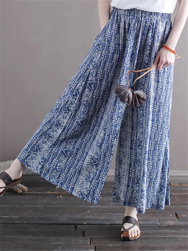 Women's Bohemian Style Cotton Linen Print Straight-Leg Pants