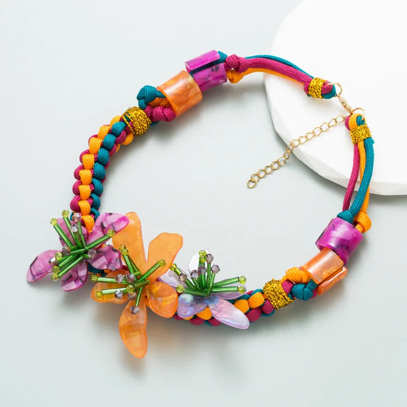 Women's Bohemian Style Hippie Resin Flower Bead Rope Necklace
