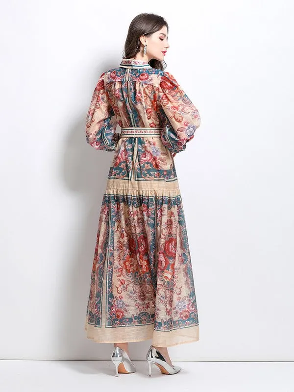 Women's Front Button Chiffon Maxi Dress with Belt