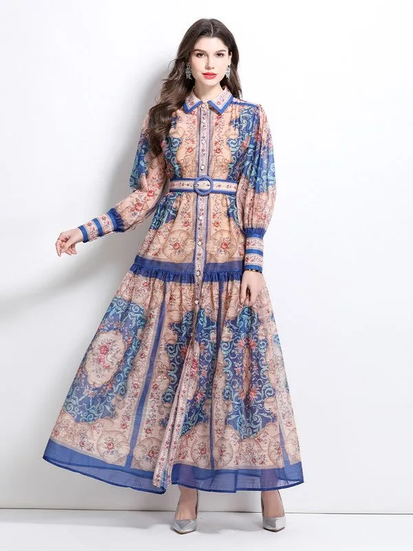 Women's Front Button Chiffon Maxi Dress with Belt
