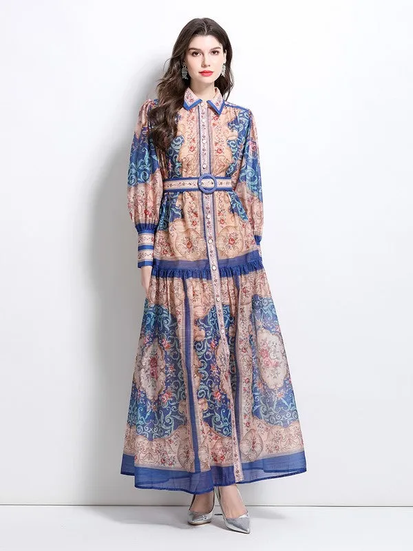 Women's Front Button Chiffon Maxi Dress with Belt