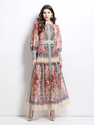 Women's Front Button Chiffon Maxi Dress with Belt