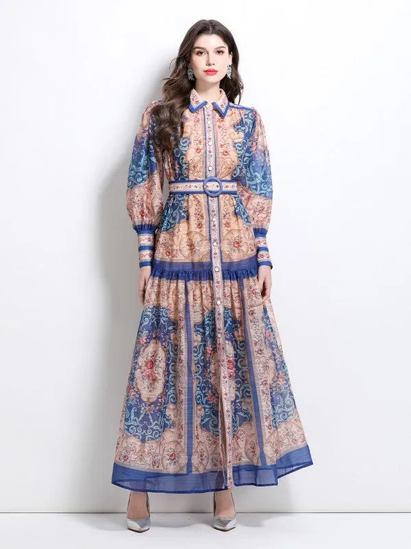 Women's Front Button Chiffon Maxi Dress with Belt