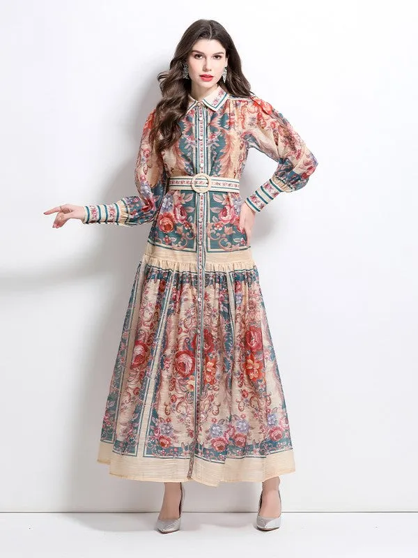 Women's Front Button Chiffon Maxi Dress with Belt