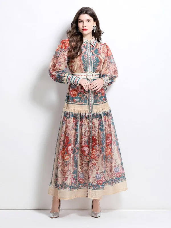 Women's Front Button Chiffon Maxi Dress with Belt
