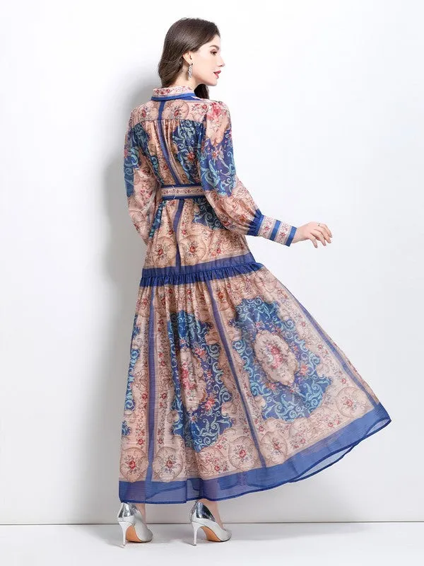 Women's Front Button Chiffon Maxi Dress with Belt