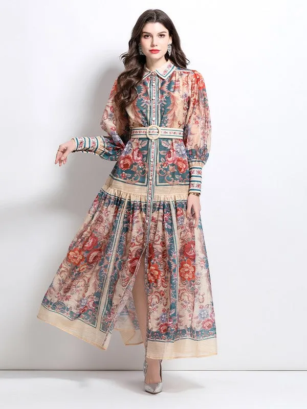 Women's Front Button Chiffon Maxi Dress with Belt