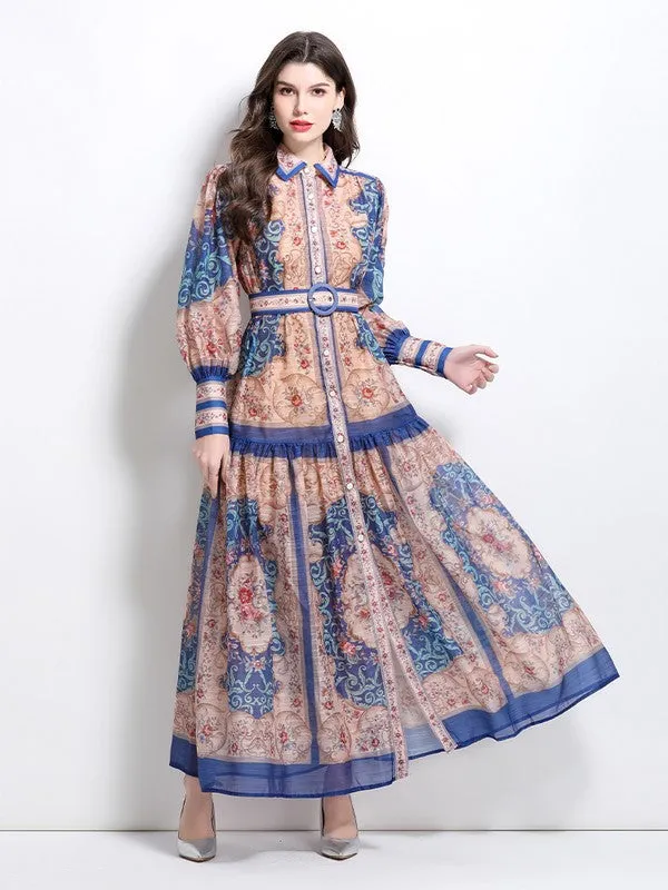 Women's Front Button Chiffon Maxi Dress with Belt