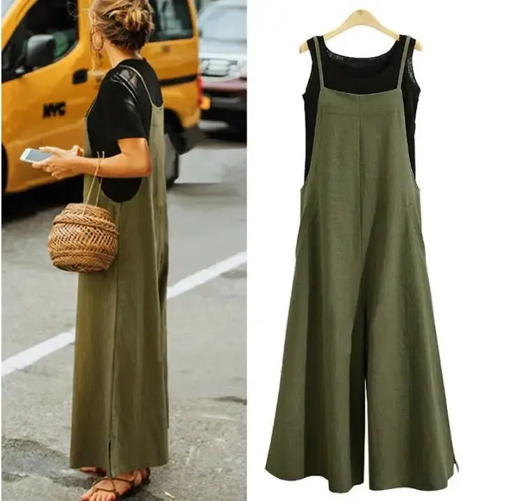 Women’s Summer Jumpsuit - Sleeveless Wide Leg Dungaree Bib Overalls, Casual Cotton Blend