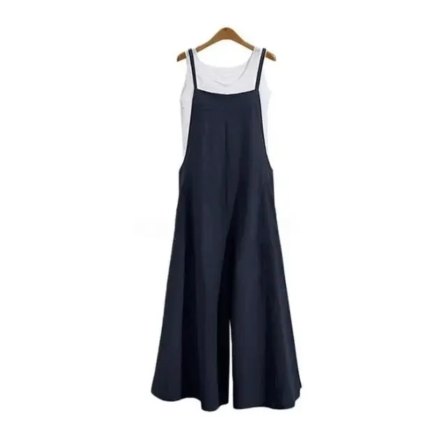 Women’s Summer Jumpsuit - Sleeveless Wide Leg Dungaree Bib Overalls, Casual Cotton Blend