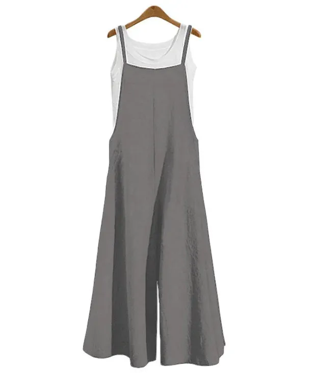 Women’s Summer Jumpsuit - Sleeveless Wide Leg Dungaree Bib Overalls, Casual Cotton Blend
