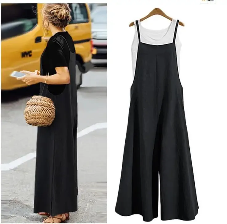 Women’s Summer Jumpsuit - Sleeveless Wide Leg Dungaree Bib Overalls, Casual Cotton Blend