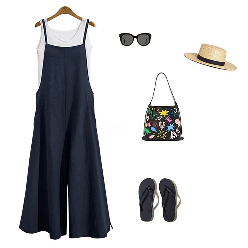Women’s Summer Jumpsuit - Sleeveless Wide Leg Dungaree Bib Overalls, Casual Cotton Blend